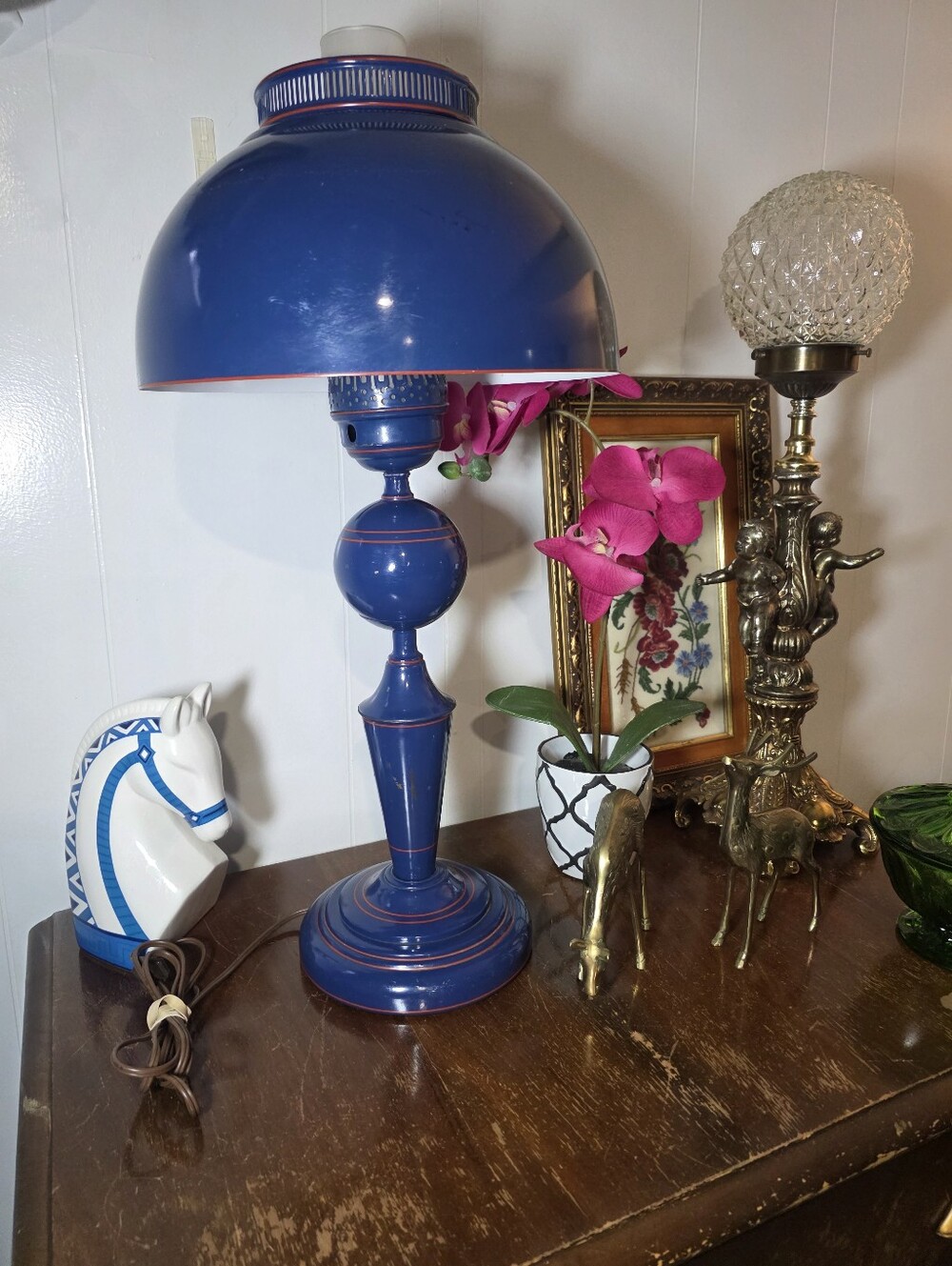 Vintage 1960s Mid-Century Toleware Table Lamp – Navy & Red MCM Statement Piece